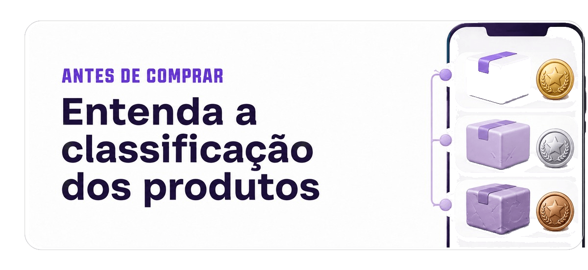 Card informativo sobre a classificação de produtos contendo uma medalha dourada